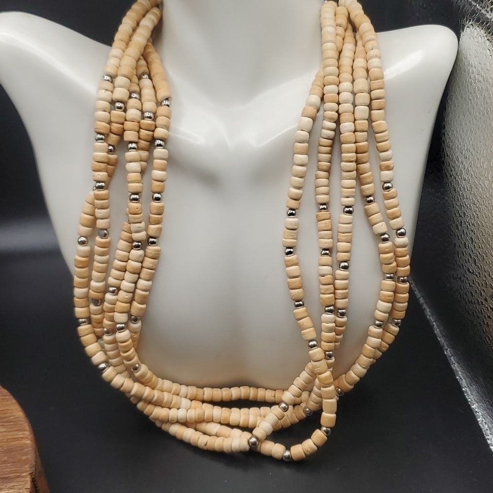 N2734 native American horn tube sandstorm beaded necklace